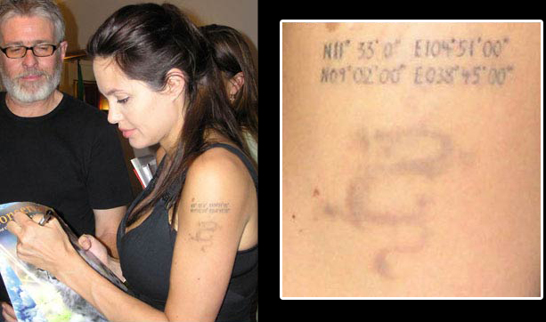 Angelina tatouage coordonn&eacute;es Cambodge & Ethiopie
